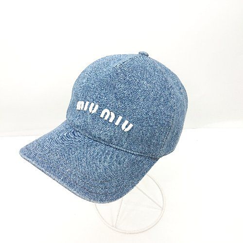 Θ MIU MIU ミュウミュウ ブランドロゴ刺<!-利用不可文字-!> デニム生地 キャップ ブルー ホワイト系 サイズM レディース E 1501230049399