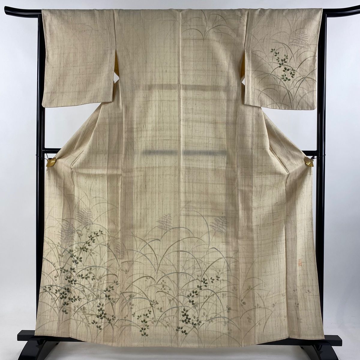 訪問着 身丈162.5cm 裄丈64cm M 単衣 生紬地 落款 証紙 萩 芝 金彩 ベージュ 正絹