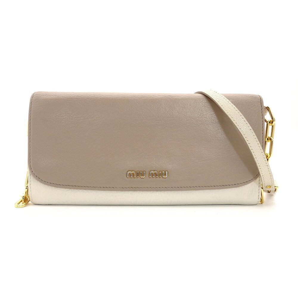 ミュウミュウ MIU MIU チェーン ウォレット ショルダーバッグ ベージュ×オフホワイト レザー ロゴ 7-9-627