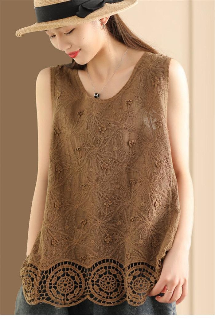 タンクトップ 刺繍 ノースリーブ チュニック 夏 レディース レースタンクトップ トップス 刺 花柄 プルオーバー ベーシック 爽やか qijuanh01