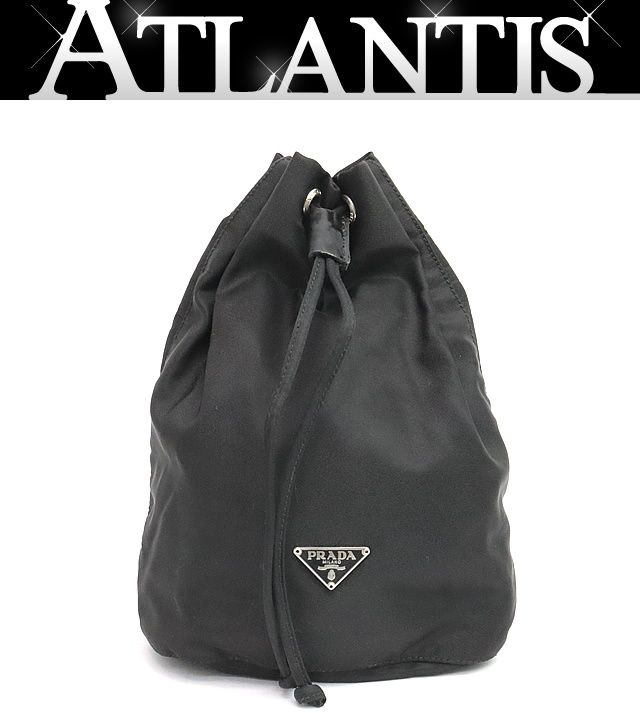 広尾店】 プラダ PRADA 巾着ポーチ 三角ロゴ ナイロン 黒 【17084