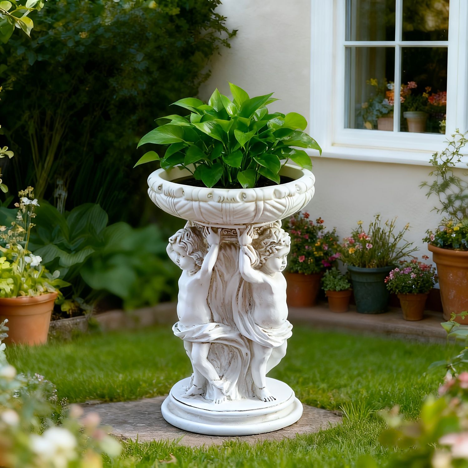 鉢植え 植木鉢 プランター プラントポット フラワーポット ガーデニング ヴィンテージ 鉢を持ち上げている天使達 彫刻風 屋外 屋内 装飾 インテリア 庭 玄関 観葉植物 多肉植物 おしゃれ バルコニー