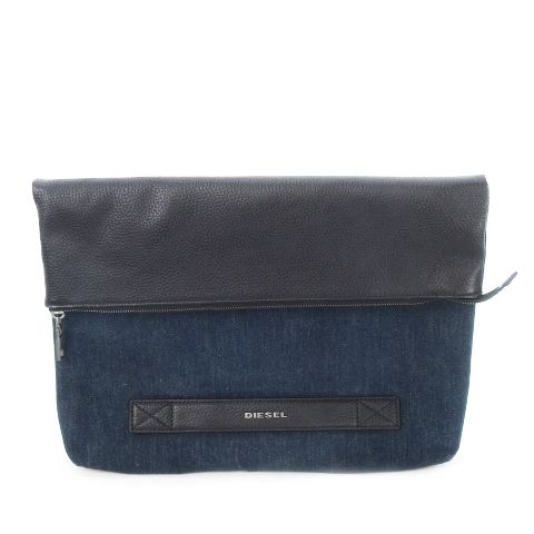 DIESEL レディース クラッチバッグ 黒(革)×グレー(デニム) ディーゼル DIESEL クラッチバッグ 折り返し デニム レザー 革