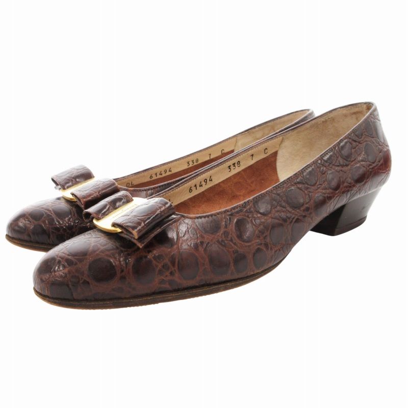 【美品】フェラガモ　ヴァラリボンパンプス　型押し　ローヒール　ブラウン 美品】フェラガモ ヴァラリボンパンプス 型押し ローヒール