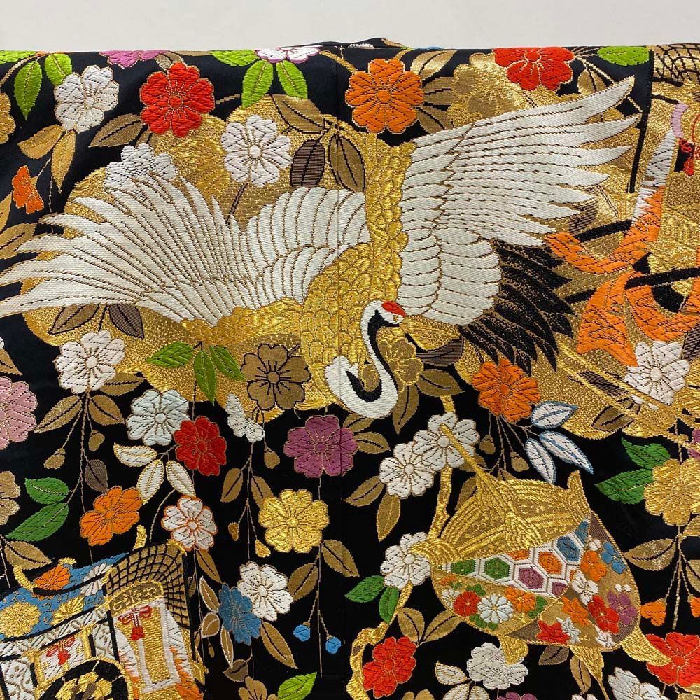 色打掛 正絹 鶴 刺繍 金 黒 打掛 Lサイズ 裄67 花嫁衣裳 婚礼  