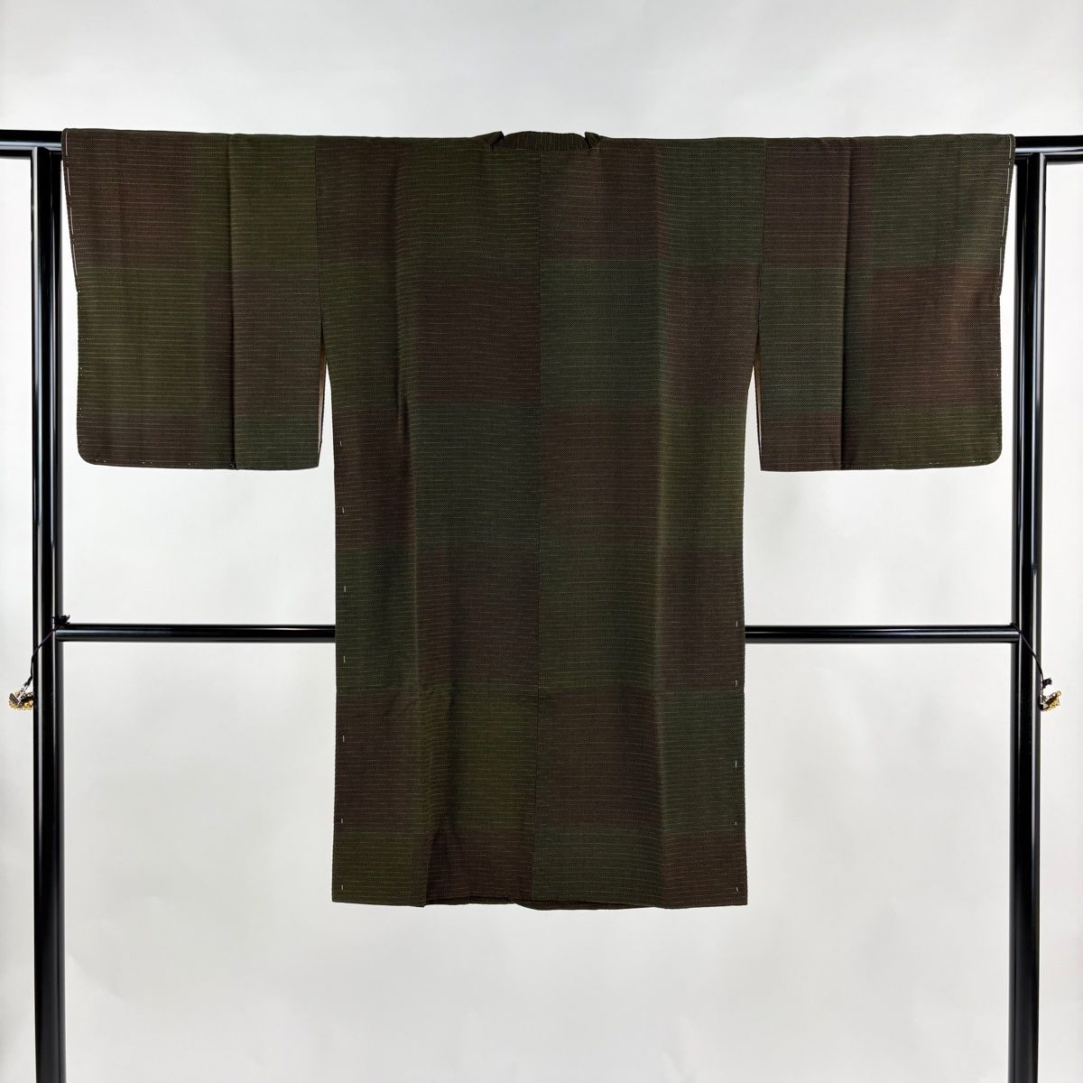 道行 身丈102cm 裄丈62.5cm S 和装コート 角衿 縞 市松 茶緑色 正絹