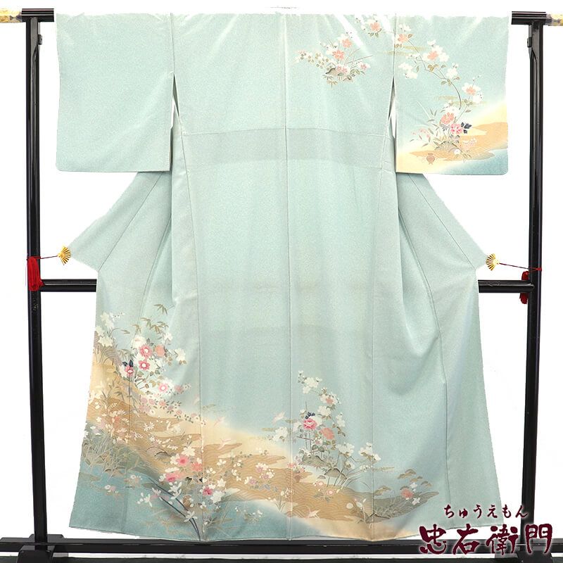 訪問着 袷 レディース 正絹 薄水色 風景柄 鶴 優しい柄 身丈158cm 裄丈66cm 入学式 卒業式 七五三 Mサイズ相当 リサイクル着物 リユース着物 着物 送料無料 即日発送