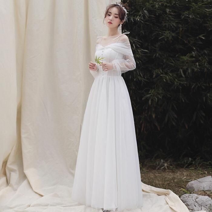 ウエディングドレス 結婚式 二次会 袖あり 花嫁 披露宴 ウェディングドレス ロングドレス ブライダル Aラインドレス wedding dress ホワイ