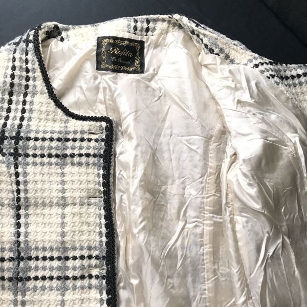 ロジータ/Rojita★バブリー柄♪ノーカラー/ツイードジャケット【レディースS-M程度/白×黒系/white×black】チェック柄/Jackets◆cBH274 ロジータ/Rojita☆バブリー柄♪ノーカラー/ツイードジャケット