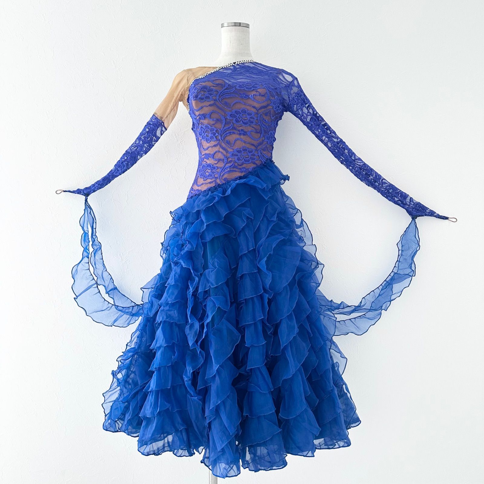 社交ダンスレッスンウェア TAKADANCE ビジューと光沢2枚重ねフリル タカダンス 社交ダンス レース フリル ビジュー付 ドレス