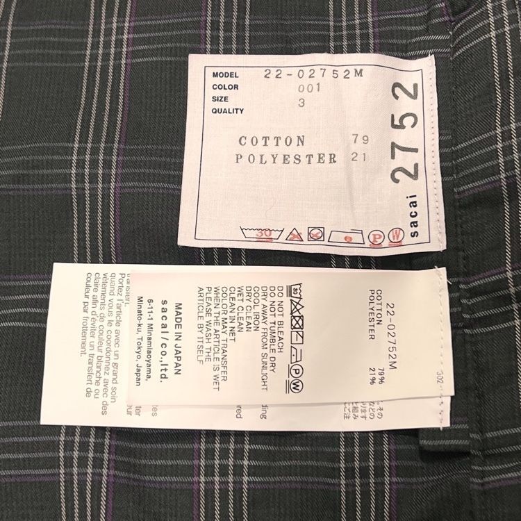 sacai サカイ 2022SS チェック柄 半袖 Tシャツ size 3 ブラック メンズ 22-02752M 未使用 正規品 ドーバーストリートマーケット購入