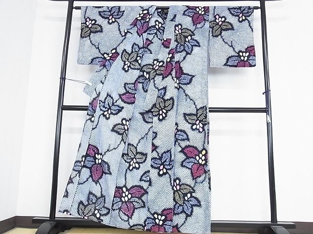 平和屋特選着物■浴衣　有松鳴海絞り　花唐草に蝶　逸品f938