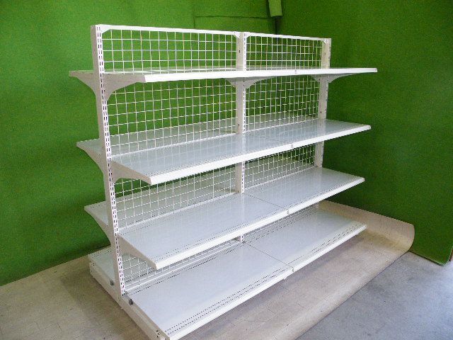 オカムラ製 H150cm×W90cm ２連結両面３段什器 背面ネット キックプレート無し■陳列棚・システム什器■S-611 オカムラ製 H150cm×W90cm 2連結両面3段什器 背面ネット キック