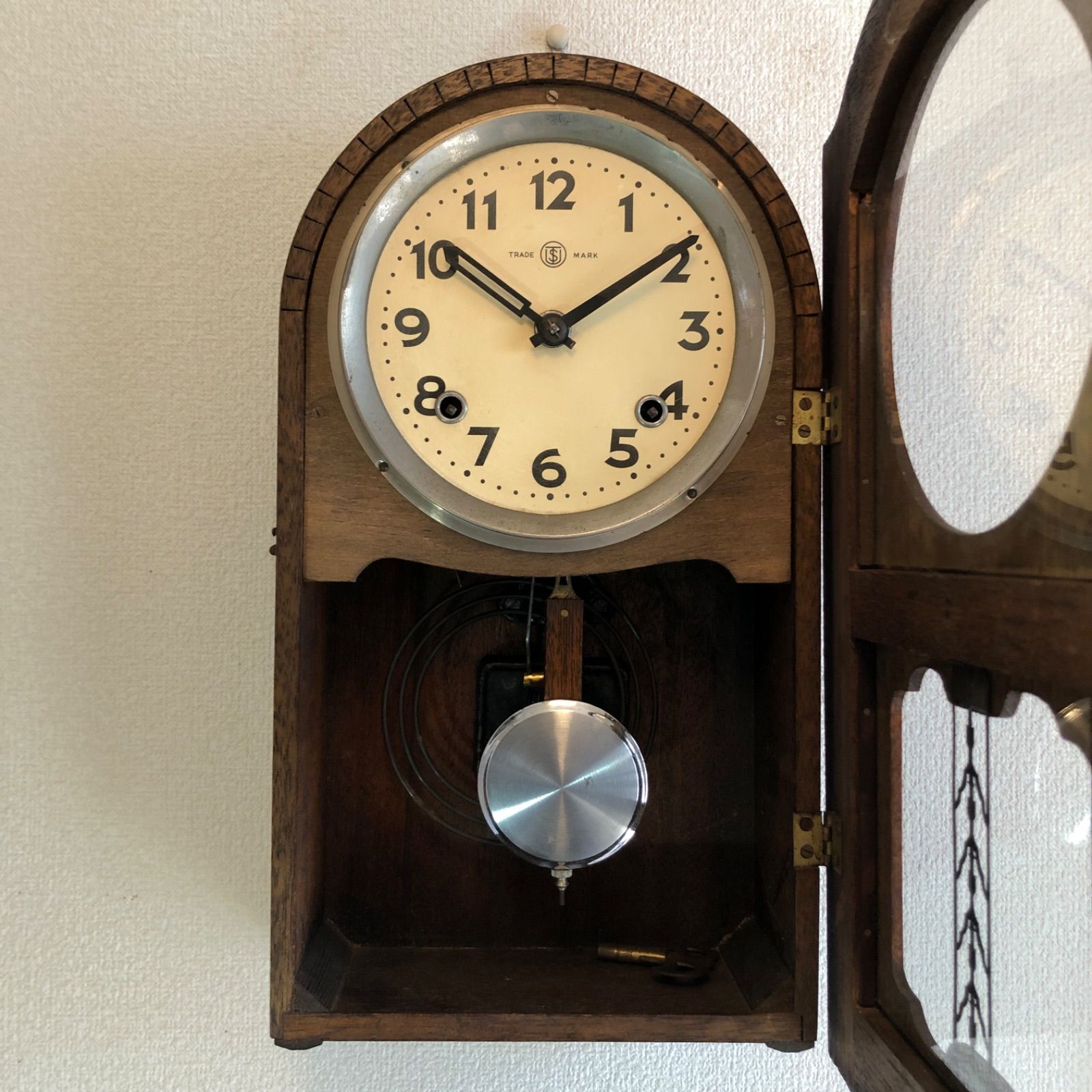 昭和初期頃 鶴巻時計店英工舎 頭丸ナチュラル調 掛時計オーバーホール