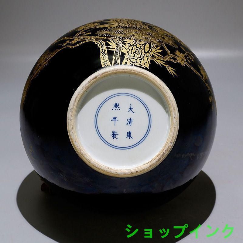 清康熙烏金釉本金手描き松鶴延年天球瓶 景徳鎮 陶磁器 装飾品現代工芸品美術品置物 清康熙烏金釉本金手描き松鶴延年天球瓶 景徳鎮 陶磁器 装飾品