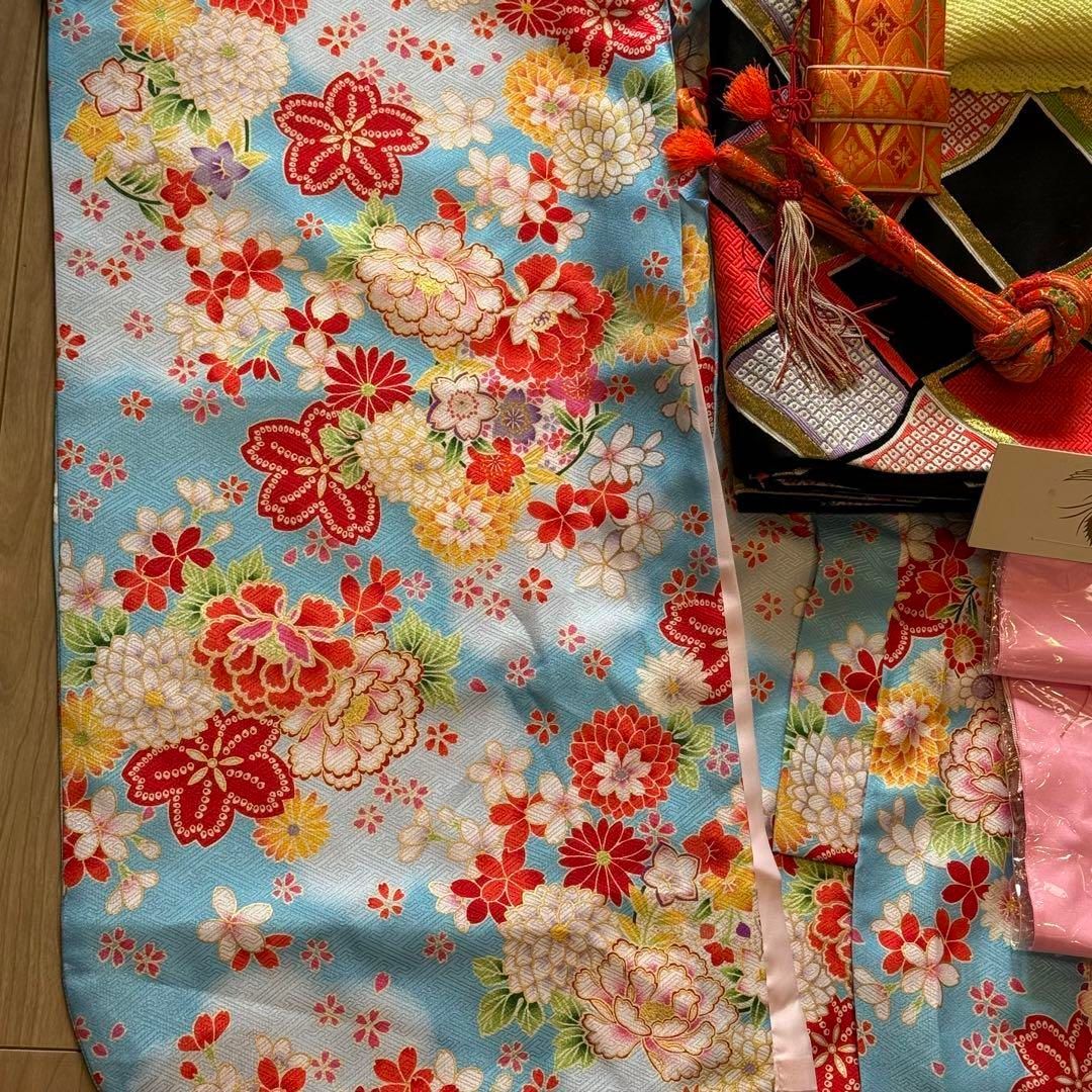 超美品　七五三　7歳　フルセット　女の子　子供　化繊　着物　襦袢　帯　水色　赤 超美品 七五三 7歳 フルセット 女の子 子供 化繊 着物 襦袢 帯