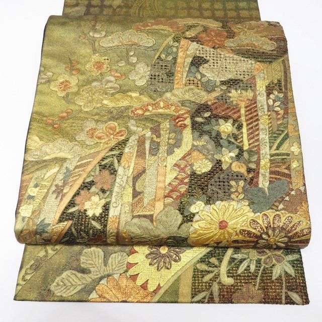 袋帯 未使用 正絹 六通 汕頭刺繍 スワトウ 中国刺繍 多色 金