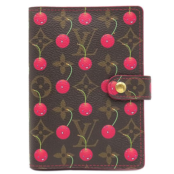 ルイヴィトン LOUIS VUITTON 手帳カバー アジェンダPM モノグラムチェリーキャンバス モノグラムチェリー ゴールド金具 茶 赤 システム手帳 ダイアリー スケジュール帳 村上隆 R21023 箱