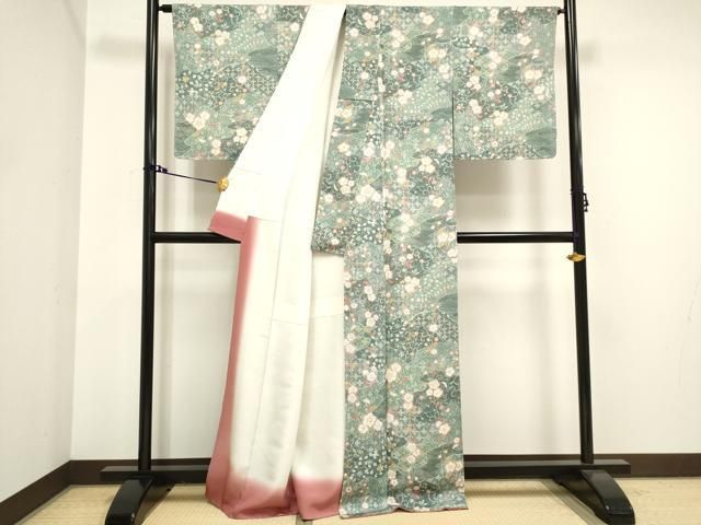 平和屋着物▽上質な色無地 単衣 紗綾型地紋 御召御納戸