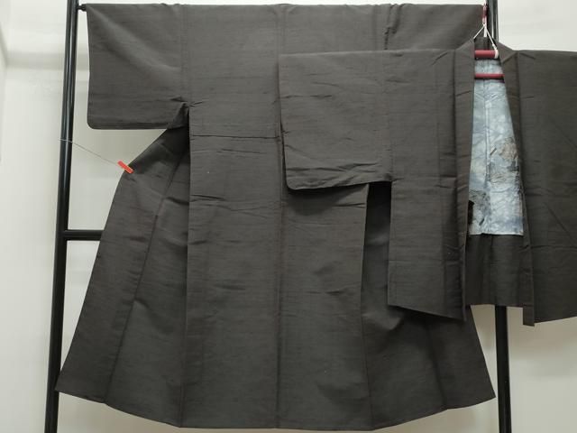 平和屋着物▽男性 紬 単衣 アンサンブル 色無地 鉄黒色 正絹 逸品  