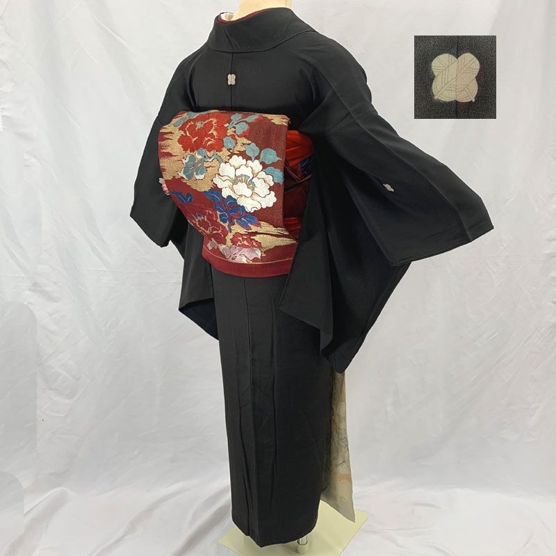 410aa10◇Kimono アンティーク着物 両褄 江戸褄 黒留袖 鶴 松竹梅 菊 御所車 金糸 刺繍 大正ロマン 昭和レトロ 和洋MIXコーデ ジュニアにも◇状態良好