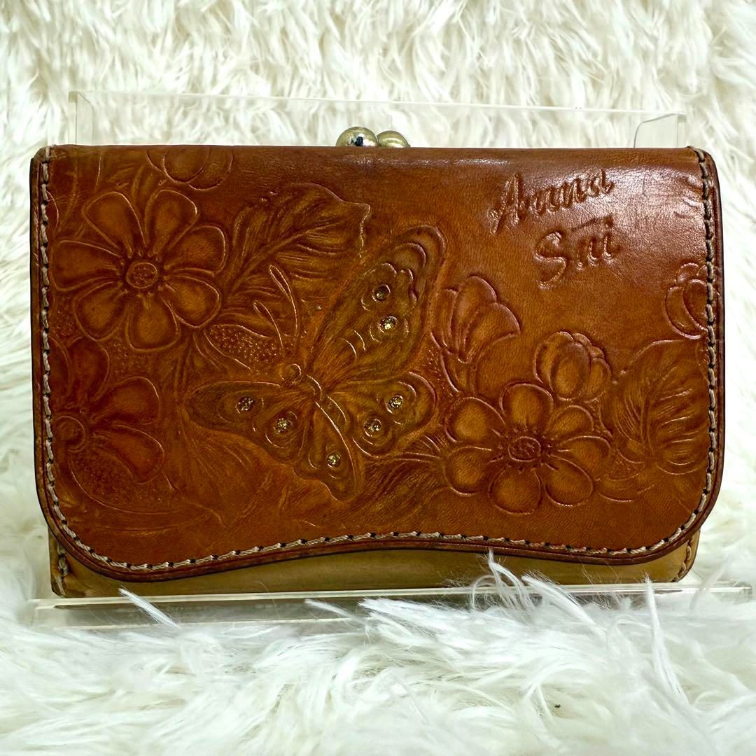 アナスイ　レザー　ブラウン　がま口　ハンドバッグ　蝶々　人気　レア ANNA SUI】カービング レザー フラップ ハンド バッグ ブラウン