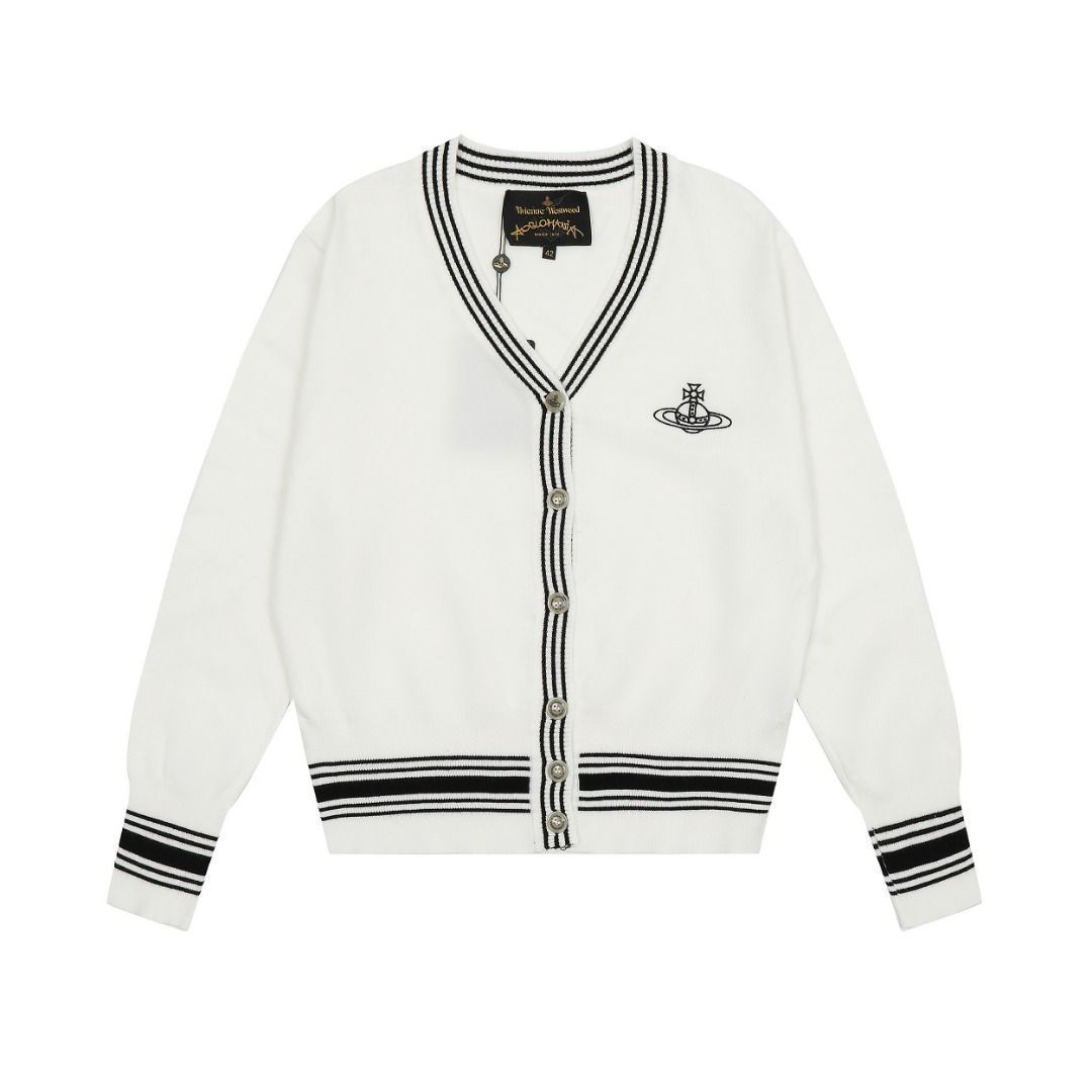 Vivienne Westwood カーディガン　未使用品 ストライプ ORB PATCH Vネックカーディガン(グレー)（メンズ