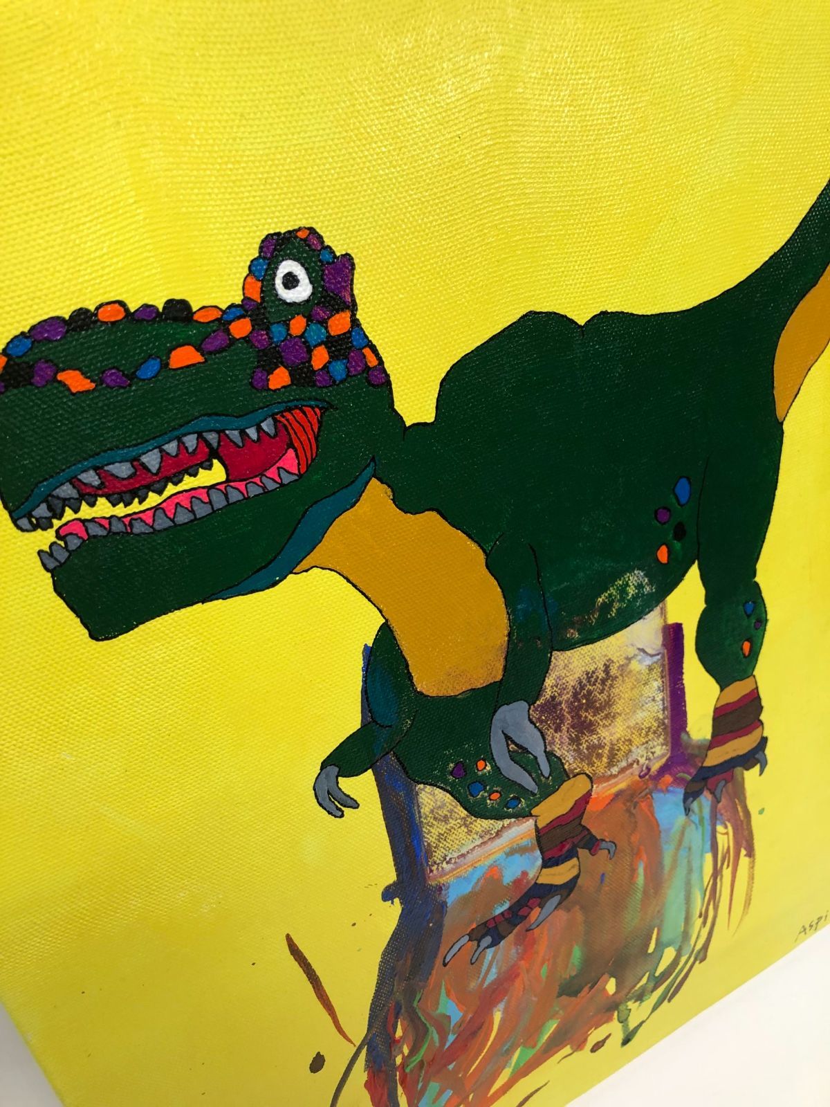 Tyrannosaurus】アクリル画 6号 41×31.8×1.7 cm 動物画 ポップ 絵 黄色 