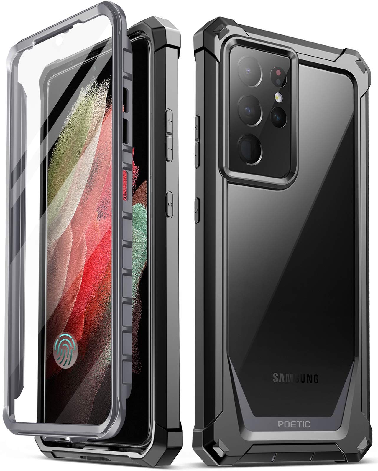 Poetic Galaxy S21 Ultra 全面保護ケース サムスンギャラクシーS21ウルトラ 6.8インチ スマホケース2021 耐衝撃 防塵 スクリーン保護付 傷のつかないクリアバック ブラック