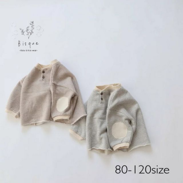 裏起毛パッチボーダースウェット Bisque びすく 韓国子供服 ビスク 長袖 トレーナー スウェット 秋冬 シンプル ナチュラル おしゃれ かわいい キッズ ベビー 裏起毛 切りっぱなし ボーダー エ