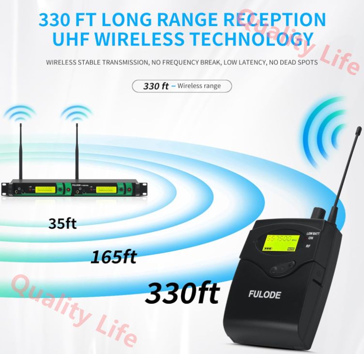 IEM UHF ワイヤレスインイヤーモニターシステム 2チャンネル 8ボディパックモニタリング イヤホン付き 2x40 UHF周波数 ステージ スタジオ 教会用 330フィート範囲 ボディパック8個