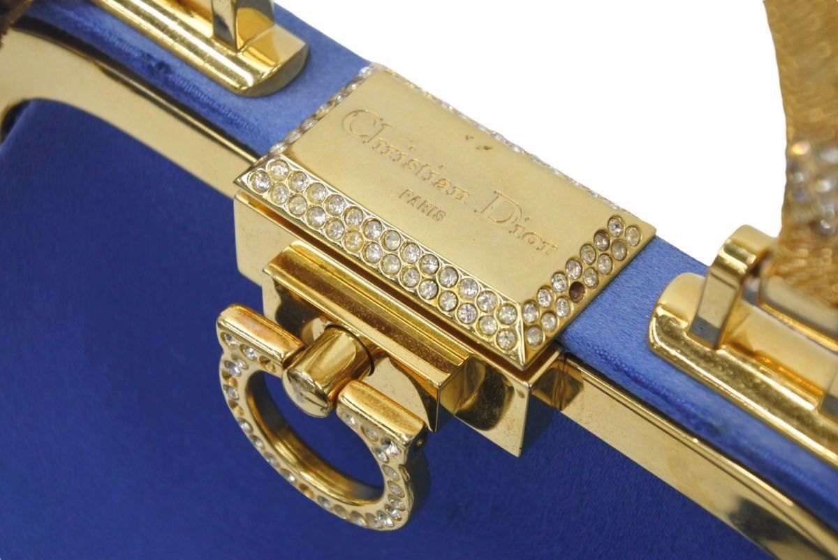 Christian Dior ディオール ヴィンテージ ミニがま口バッグ サテン カバン ブルー ゴールド 美品 中古 29205