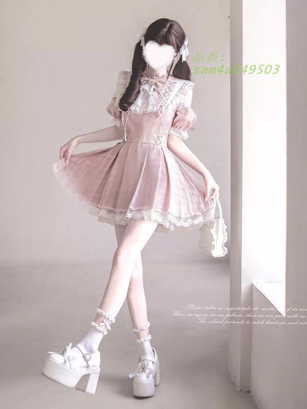 量産型 ワンピース チェック柄 地雷系 夏 セットアップ 女子 半袖 レース M L レディース 通勤 S ピンク リボンお出かけ am4a049503