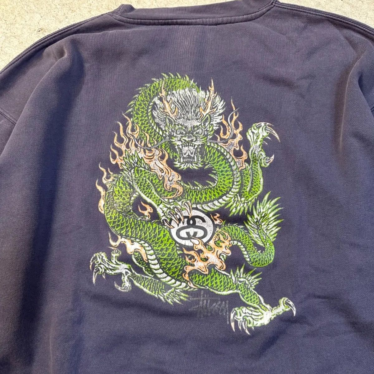 90s old stussy 紺タグ USA製 スウェット ドラゴン 龍 ナス紺 茄子紺