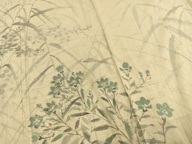 平和屋着物▽訪問着　単衣　生紬　手描き　草花文　正絹　逸品　AAAW1441fy 平和屋着物▽訪問着 単衣 生紬 手描き 草花文 正絹 逸品 AAAW1441fyの