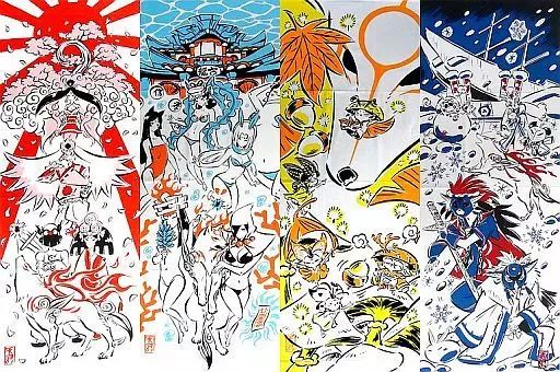 タペストリー 集合 春夏秋冬手ぬぐい掛け軸(4枚セット) 「大神10周年