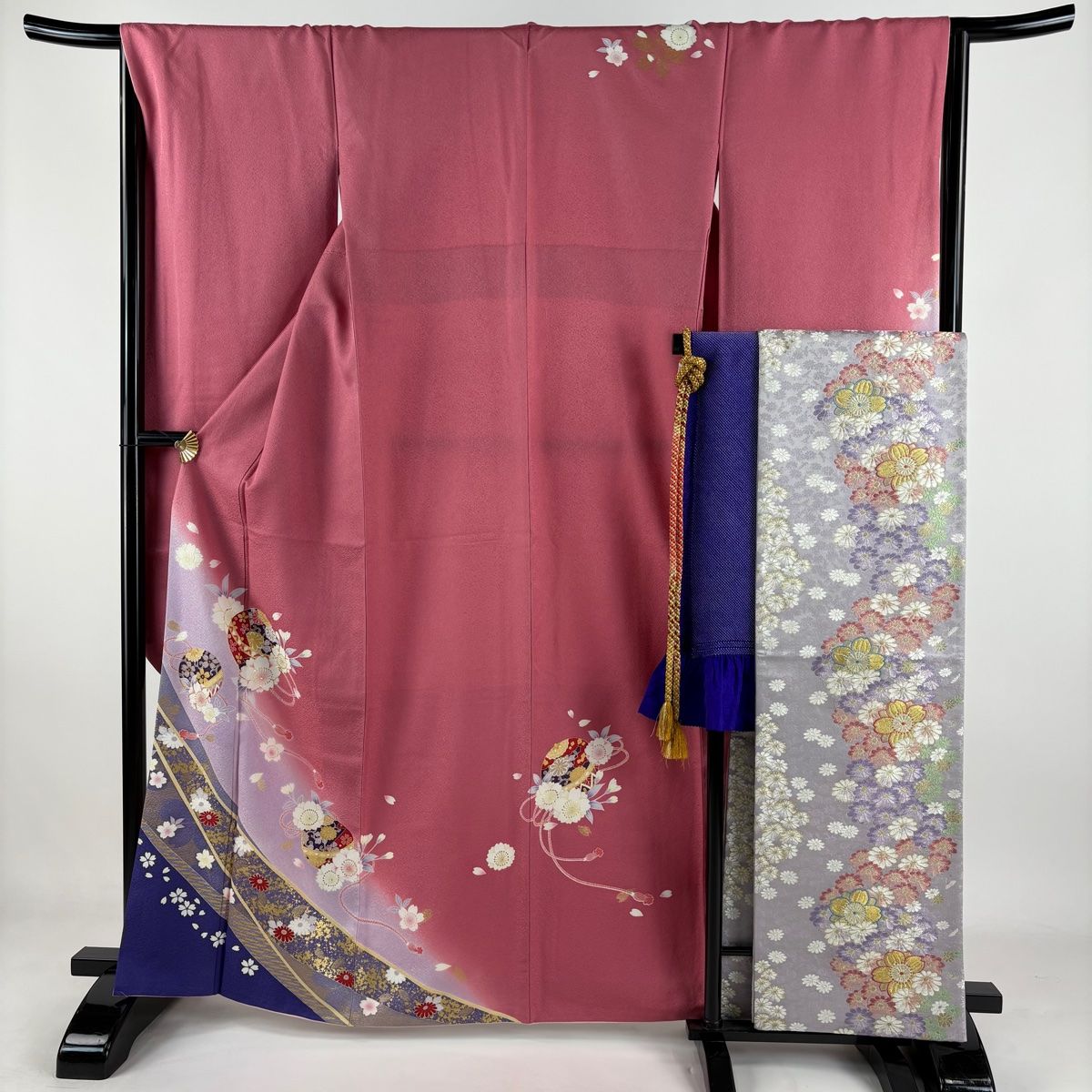 振袖 身丈162.5cm 裄丈65.5cm M 袷 袋帯フルセット 鞠 桜 金糸 金彩 ピンク 正絹 名品