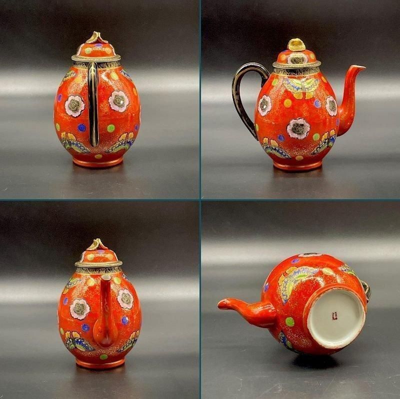 里帰り 大日本 宮島 朱金花蝶図 ポットセット シュガーポット クリーマー ニッポン ノリタケ ティーセット カップ 赤に金彩