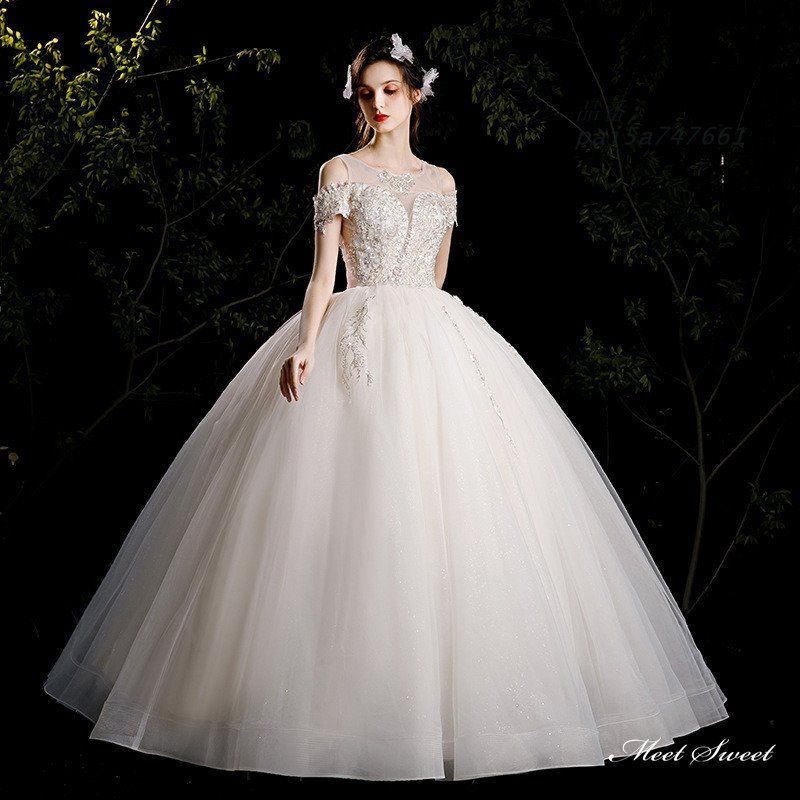 ウェディングドレス ロングドレス プリンセスラインドレス オフショルダー 二次会 結婚式 チュール 前撮り 挙式 ウエディングドレス ブライダル 花嫁 pai5a747661