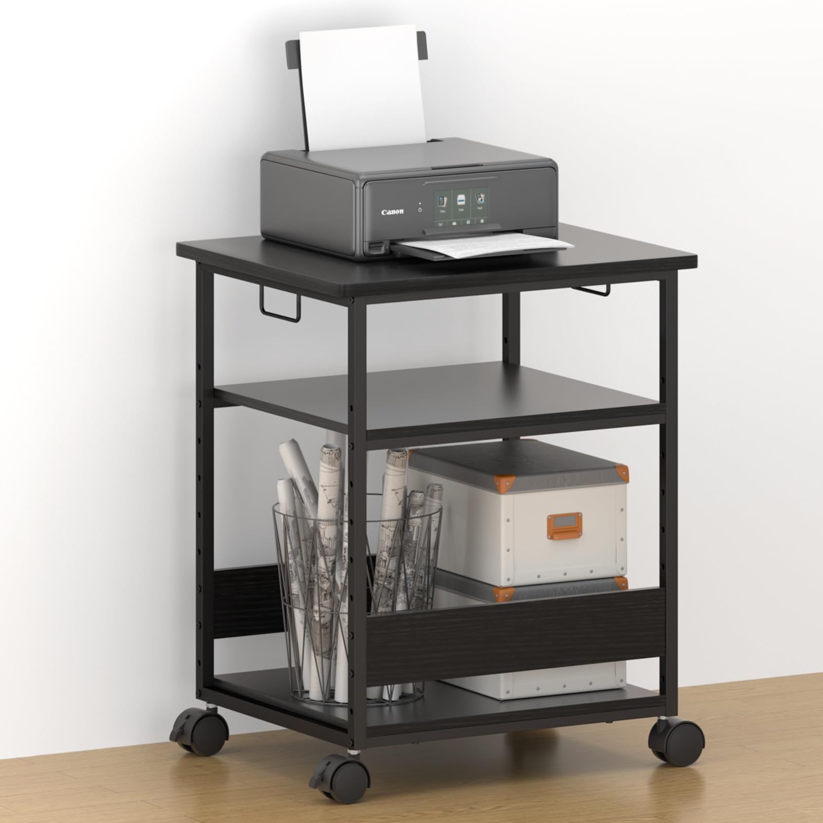 MIYOKI プリンター台 プリンタラック キャスター付き 幅60 奥行50cm 高さ70cm 総耐荷重90kg A3 A4対応 コピー機台 サイド デスク ワゴン デスク下 収納棚 収納 物置台 中棚9段階調節 組立簡単 ブラック
