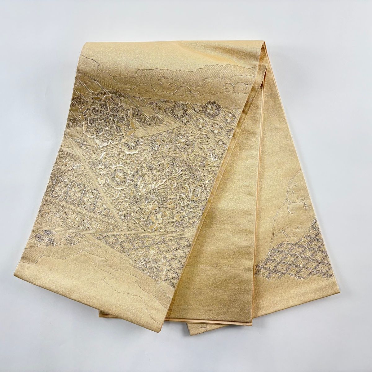 袋帯 美品 秀品 鳳凰 華文 銀糸 刺繍 ベージュ お太鼓柄 正絹