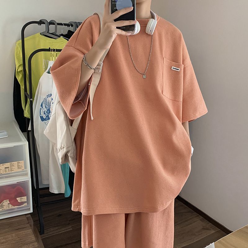 Setup men's top and bottom set, waffle fabric, short sleeve t-shirt, shorts, tops, bottoms, room wear, loungewear, everyday wear, casual, stylish, men's clothing, men's fashion, summer, summer, summer clothes, zhengHao34