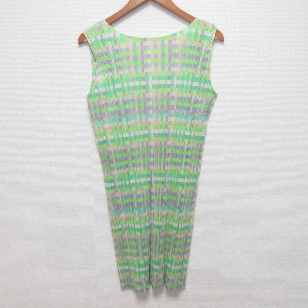 PLEATS PLEASE プリーツプリーズ イッセイミヤケ ノースリーブワンピース PP51-JK637 サイズ3 グリーン マルチ レディース 古着