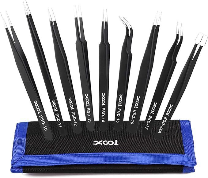【新作入荷，低価】 【在庫処分】XOOL 精密ピンセット 9本セット ESD 静電防止 ステンレス製 ツイーザー 電子機器修理 宝石製作 ネイルアート用 収納袋付き 応募券