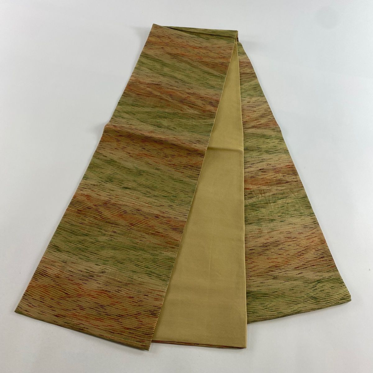 帯/袋帯/幾何学模様/ ベージュ系 袋帯 美品 秀品 段縞 幾何学模様 ベージュ 全通 正絹 【中古