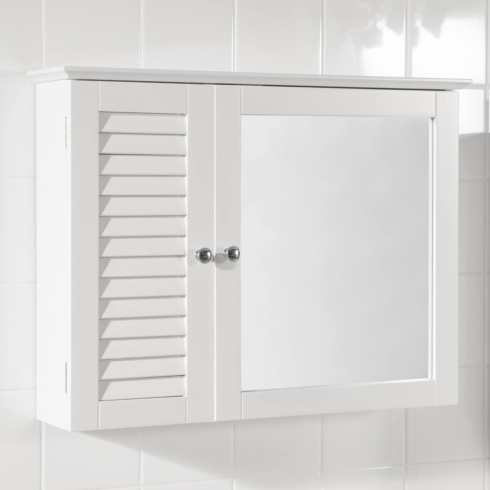 人気商品 BZR55-W 壁掛け 玄関鏡 お風呂鏡 幅65×奥行15×高さ49cm 北欧風 木製 収納棚付き おしゃれ 洗面所用 浴室ミラー ミラーキャビネット SoBuy