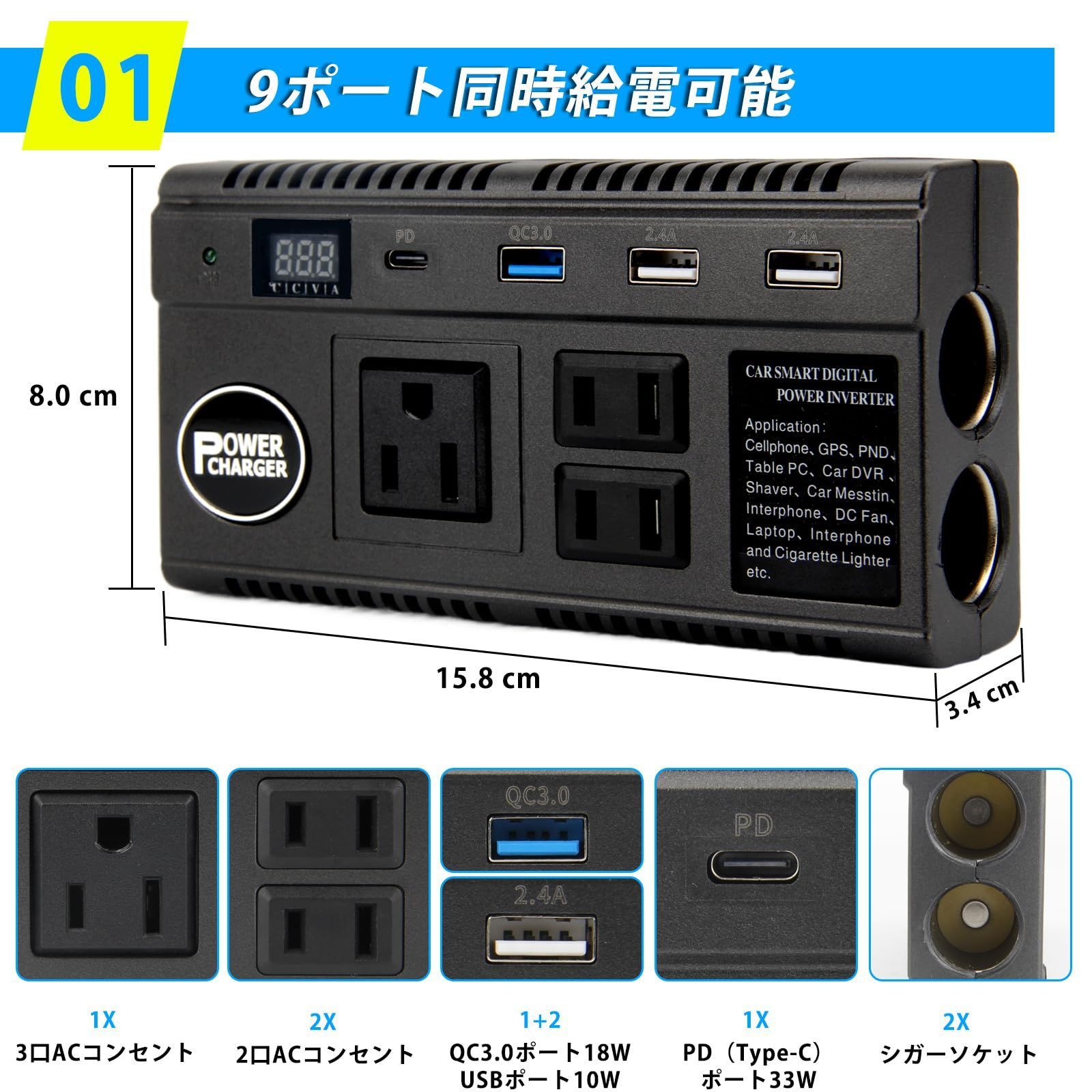 急速充電】カーインバーター 車載充電器 120W DC12V 24V をAC110Vに 