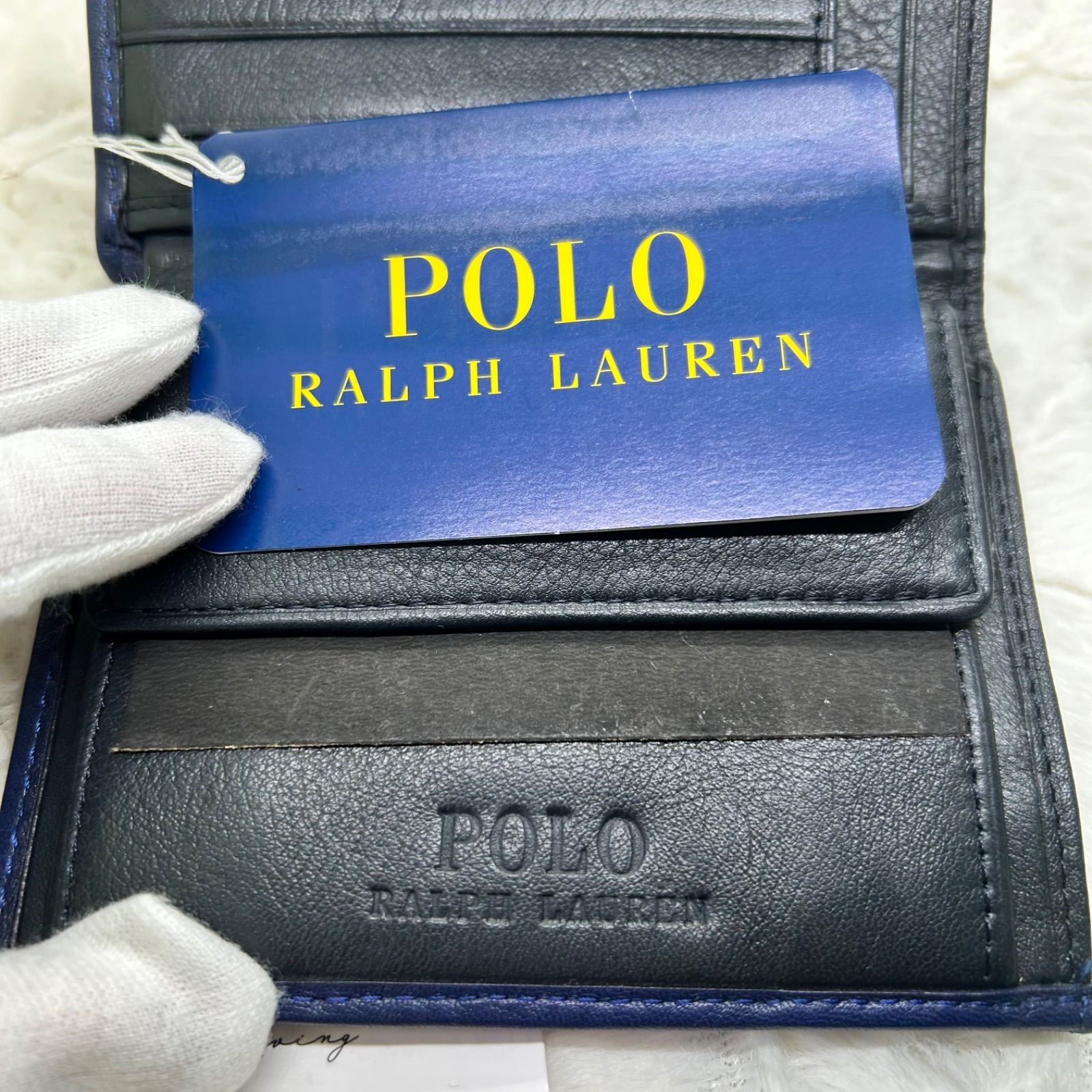 ポロ ラルフローレン 三つ折り財布 レザー ネイビー 紺色 極美品 