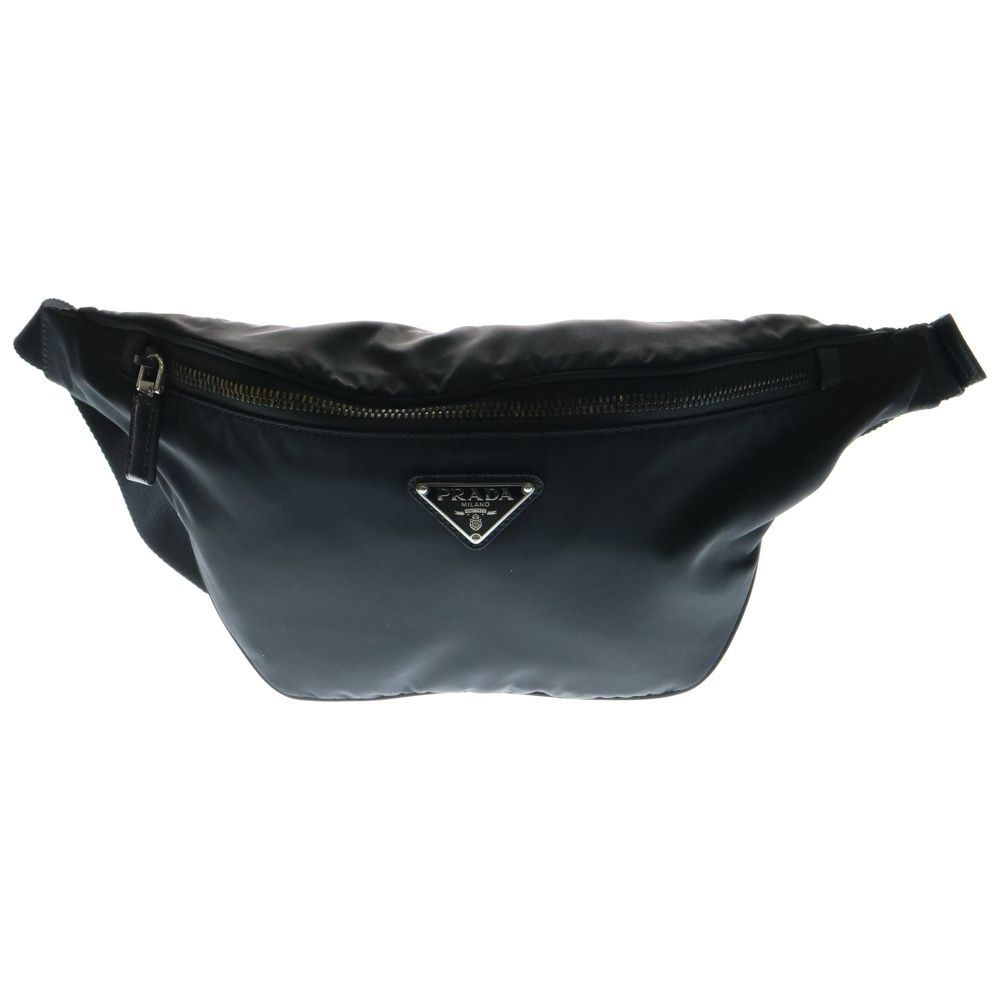 PRADA プラダ Re-Nylon サフィアーノレザー トライアングルロゴプレート ベルトバッグ ウエストポーチ ショルダー ボディバッグ シルバー金具 ブラック 2VL033