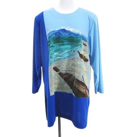 麻喜染色工芸 長袖 チュニック ブラウス 青系 ブルー プリント タグ  